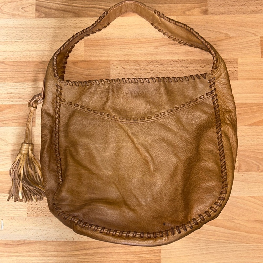 Ralph Lauren Cognac Brown Leather Hobo Tote with Tassel